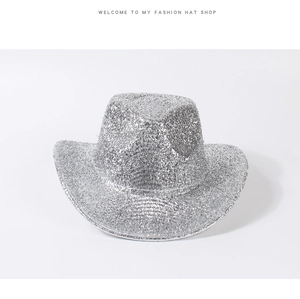 Close-up of sparkling silver glitter cowboy hat for parties and festive events