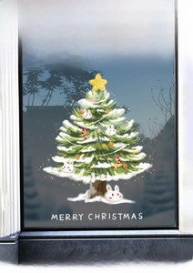 Detail der Weihnachtsbaum Fensteraufkleber mit weißem Hasen und Merry Christmas Text