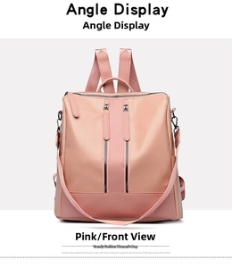 Front view of pink PU leather anti-theft backpack with vertical zippers and soft finish