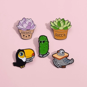 5-piece set of funny enamel pins with potted succulents and puns on a pink background