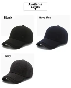 Close-up of winter wool baseball cap showing thick texture in black, navy, and grey colors