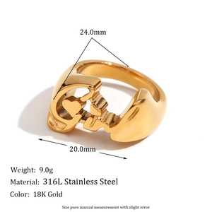 18K gold plated stainless steel hollow pattern ring with dimensions and weight specs