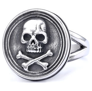 Vintage silver punk skull and crossbones signet ring with an antique finish on white background