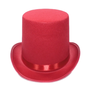 Professional red felt top hat for magicians featuring a matching satin decorative ribbon