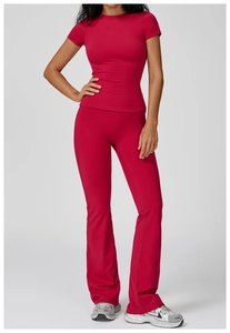 Rose red two-piece yoga set with slim fit short sleeve top and high waist flare pants