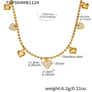 Detailed specs of stainless steel gold heart necklace with zircon inlay and dimensions