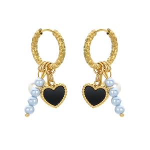 Creative heart drop earrings with black onyx pendants and blue beaded tassels on gold bands