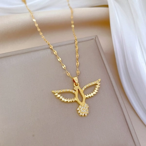 Elegant gold titanium steel necklace featuring a hollow owl pendant with sparkling crystals