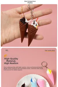 Close-up of PVC mini ice cream cone keychain with realistic cream and fruit slices
