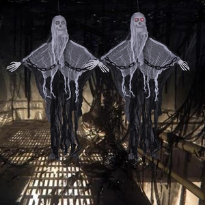 Hanging Halloween skeletons with black robes, plastic chains and glowing red eyes decor