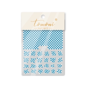 Adesivi per nail art a scacchi blu e bianchi con motivi ondulati e confezione
