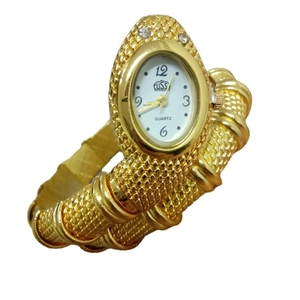 Luxurious gold snake-shaped wrap quartz watch for women with sparkling crystal accents