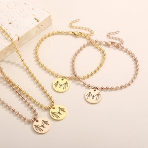 Stainless Steel Round Family Silhouette Pendant Necklace And Bracelet Ball Chain Mother Day Gift Fashion Jewelry For Women