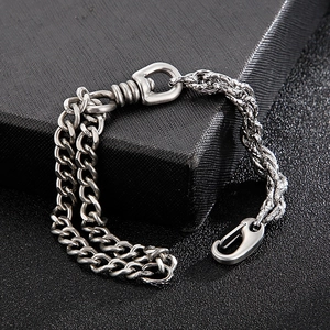 Macro view of industrial double Cuban link chain bracelet in retro silver finish