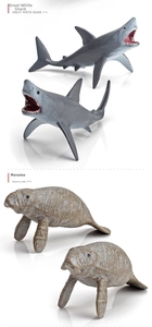 Detailed view of high-simulation great white shark and manatee figures for education