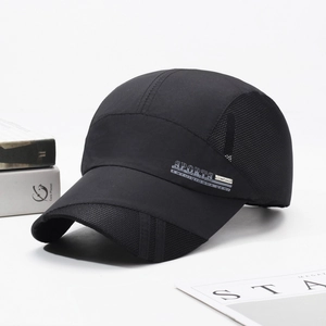 Unisex black breathable mesh sports sun hat with minimalist lettering for outdoor activity