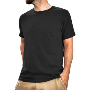 Detail of classic black men's short sleeve T-shirt featuring a front chest pocket design