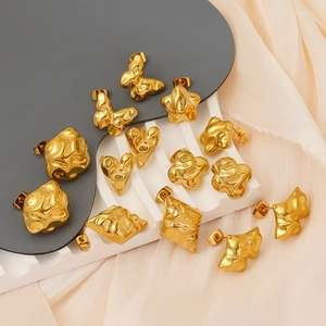 18k gold plated stainless steel stud earring set with irregular hammered metal texture