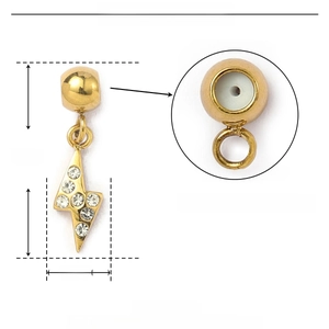 Detailed specs of lightning bolt pendant in gold stainless steel with rhinestone