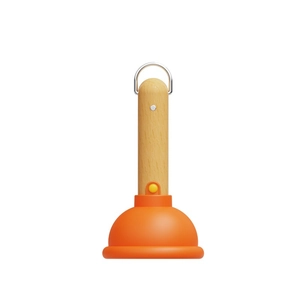 Minimalist plunger night light with orange silicone base and natural wooden handle