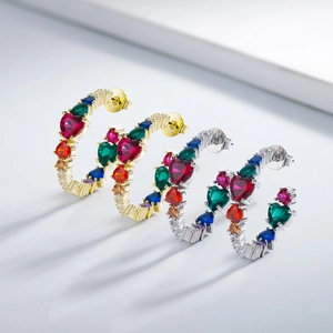 Luxury 925 sterling silver hoop earrings with multicolored heart gemstones
