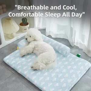 Pet Cooling Bed Mat Summer Ice Satin Breathable Washable Soft Dog Cat Sleeping Pad Cloud Pattern With Bolster Pillow