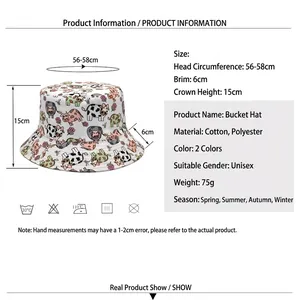 Cow print cotton bucket hat for men and women with specific sizing and dimensions