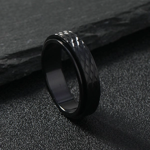 Macro detail of black spinner ring showing textured diamond pattern and rotating band
