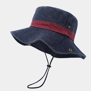 Navy blue wide brim washed bucket hat with red trim and adjustable drawcord for hiking