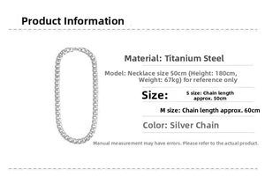 Size chart for silver titanium steel Cuban link chain necklace in 50cm and 60cm lengths