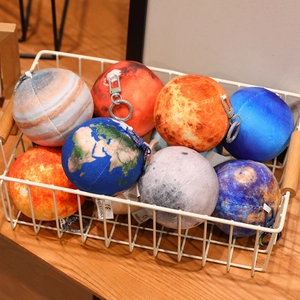 Close-up of planetary plush keychains in a metal basket with realistic print details
