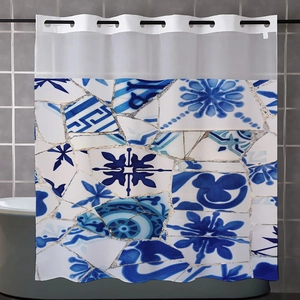 Detail of blue Mediterranean mosaic pattern on a double-layer waffle shower curtain