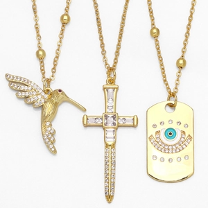 Collier Pendentif En Cuivre Plaqué Or Zircon Colibri Croix Mauvais Œil Émail Goutte D'huile Bijoux De Niche Pour Femmes
