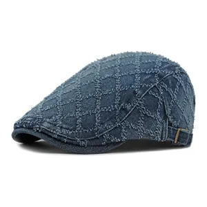 Retro dark blue denim ivy cap with quilted texture and adjustable metal buckle