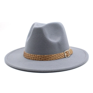 Detail of grey wool felt fedora featuring a brown leather band and silver metal buckle