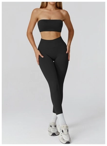Detail of high-stretch seamless yoga set featuring cutout back and high waist fit