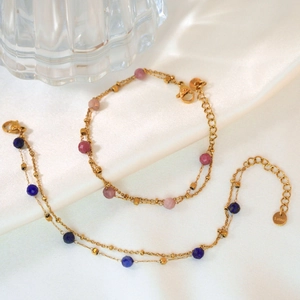 Double-layered stainless steel bracelets with pink and blue faceted natural stones