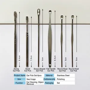 6-piece stainless steel earwax removal kit with spring and spiral picks for ear cleaning