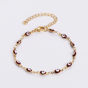 Turkish evil eye bracelet with gold chain and reddish-brown enamel charms for women