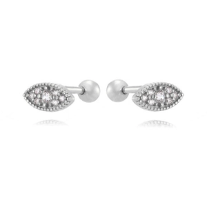 Macro shot of silver marquise eye stud earrings with micro-paved cubic zirconia stones
