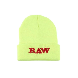 Neon yellow knit beanie with red RAW embroidery on cuff, streetwear winter hat