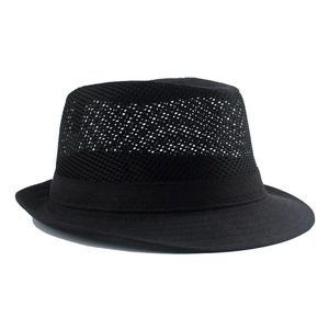 Summer black mesh fedora hat with breathable hollow design and classic jazz silhouette