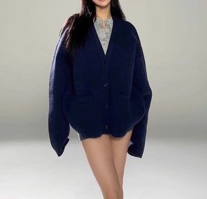 Detail of navy blue oversized V-neck knit cardigan with button-down casual loose fit