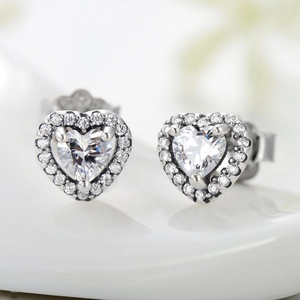 Elegant silver heart stud earrings with cubic zirconia halo setting for women