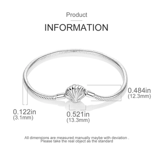 Detail of silver shell clasp snake chain bracelet with size measurements 3.1mm and 12.3mm