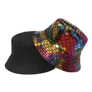 Black matte and rainbow fish scale metallic bucket hats for women in a side-by-side view