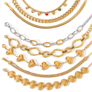 Collection of elegant gold and silver stainless steel heart charm bracelets for women