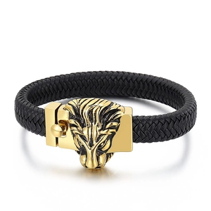 Bracelet punk pour homme en acier inoxydable tête de lion et cuir tressé noir et or