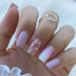 French square press-on nails with pink gradient and sparkling diamond rhinestones