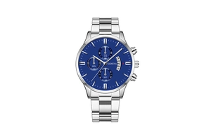 Detail of silver stainless steel chronograph watch with blue dial and date display window